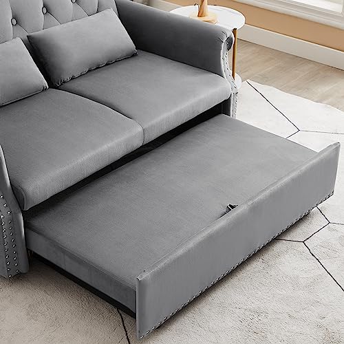 Gray Velvet Button Tufted Futon Sofabed F38630