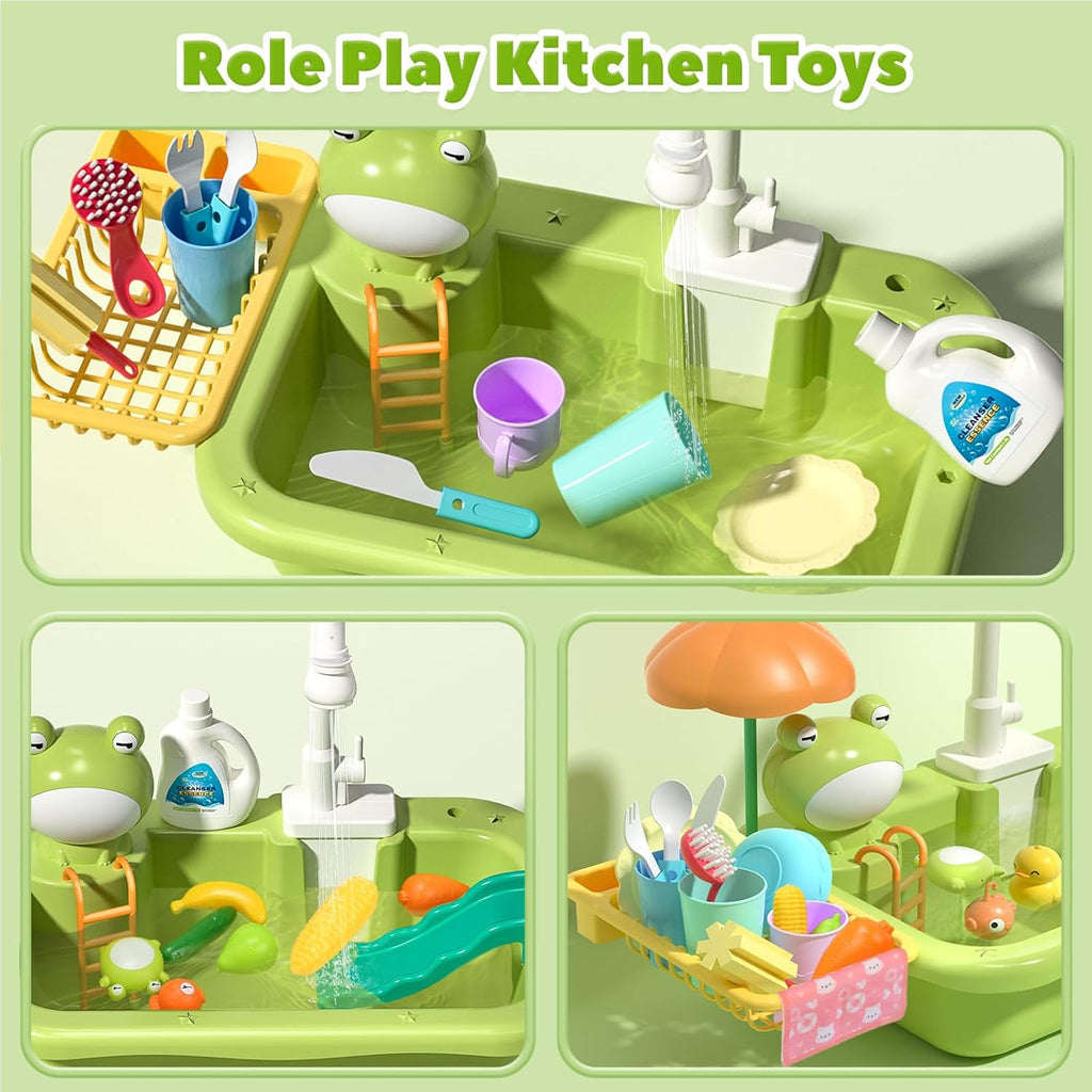 Play Sink with Running Water Electric Faucet Kitchen Sink Toys Pots and Pans Set with Play Food and Storage Basket Y40326