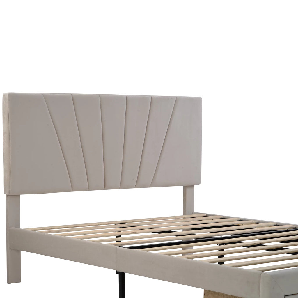 Beige Queen Size Velvet Upholstered Platform Bed with Drawer N4226