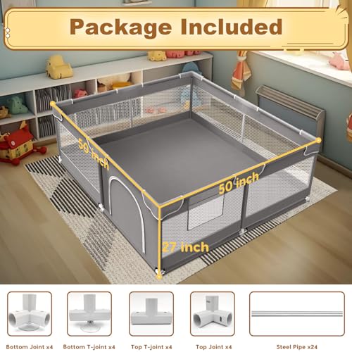 Grey 50 x 50 Inch Baby Playpen with Fabric and Mesh Z832884