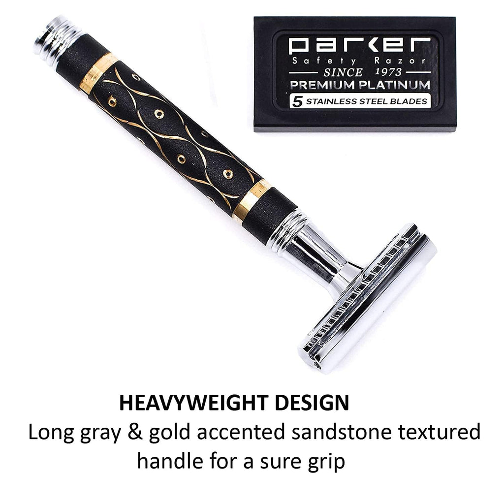 65R Super Heavyweight Gray and Gold Double Edge Safety Razor & 5 Blade Refills C64072