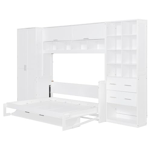 Gray Queen Size Murphy Bed with 5 Drawers and Storage Shelves Y4657