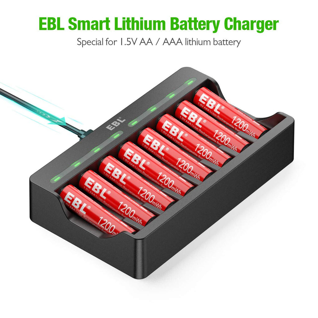8 Pack Rechargeable Lithium AAA Batteries 1200mWh with 8 Bay Smart Battery Charger Y661163