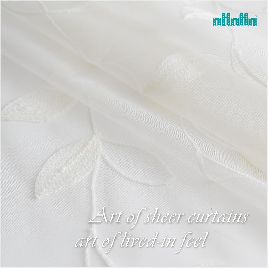 Sheer Curtains 96 inch Length 2 Panels Set, Embroidered Semi Sheer Voile Curtain Panels, Rod Pocket Light Filtering Leaf Sheer Curtains P3598