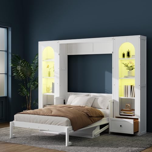 White Queen Size Wood Murphy Bed with Desk and Storage S734765