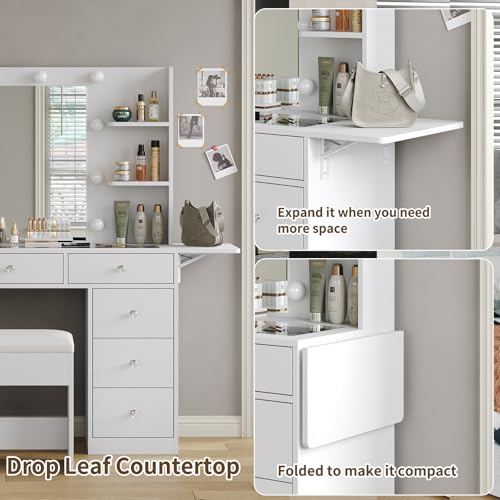 White Vanity Desk with Mirror and 10 LED Lights, 4 Shelves D428034
