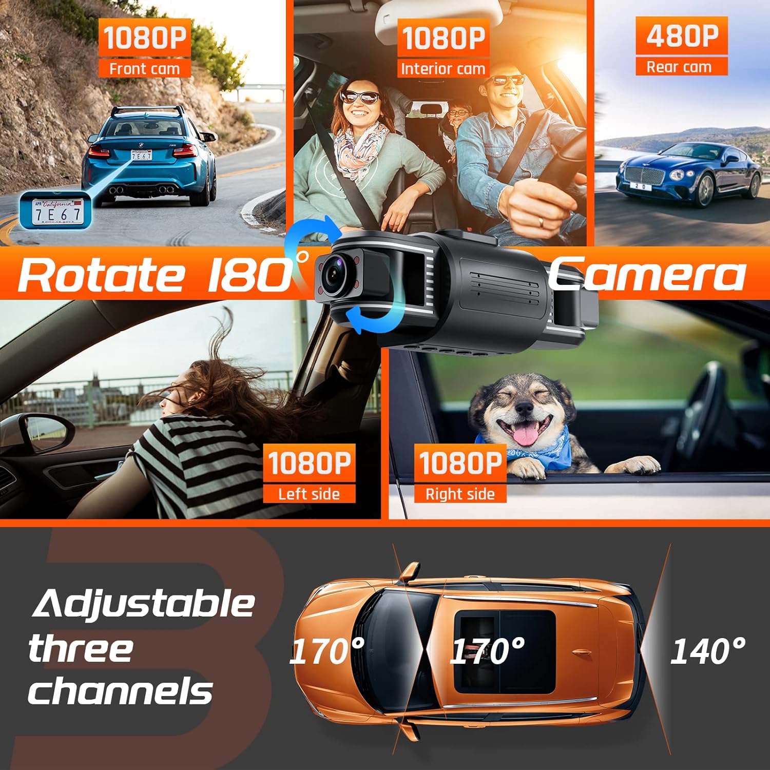 Dash Cam 3 Channel 1080P with 8 IR Lamps Night Vision Z235