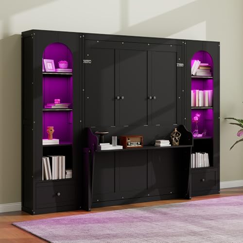 White Queen Size Wood Murphy Bed with Desk and Storage S734765