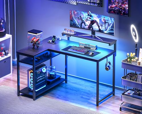Black L Shaped Gaming Desk with Power Outlet, Height Adjustable Monitor Stand, LED Lights G390350