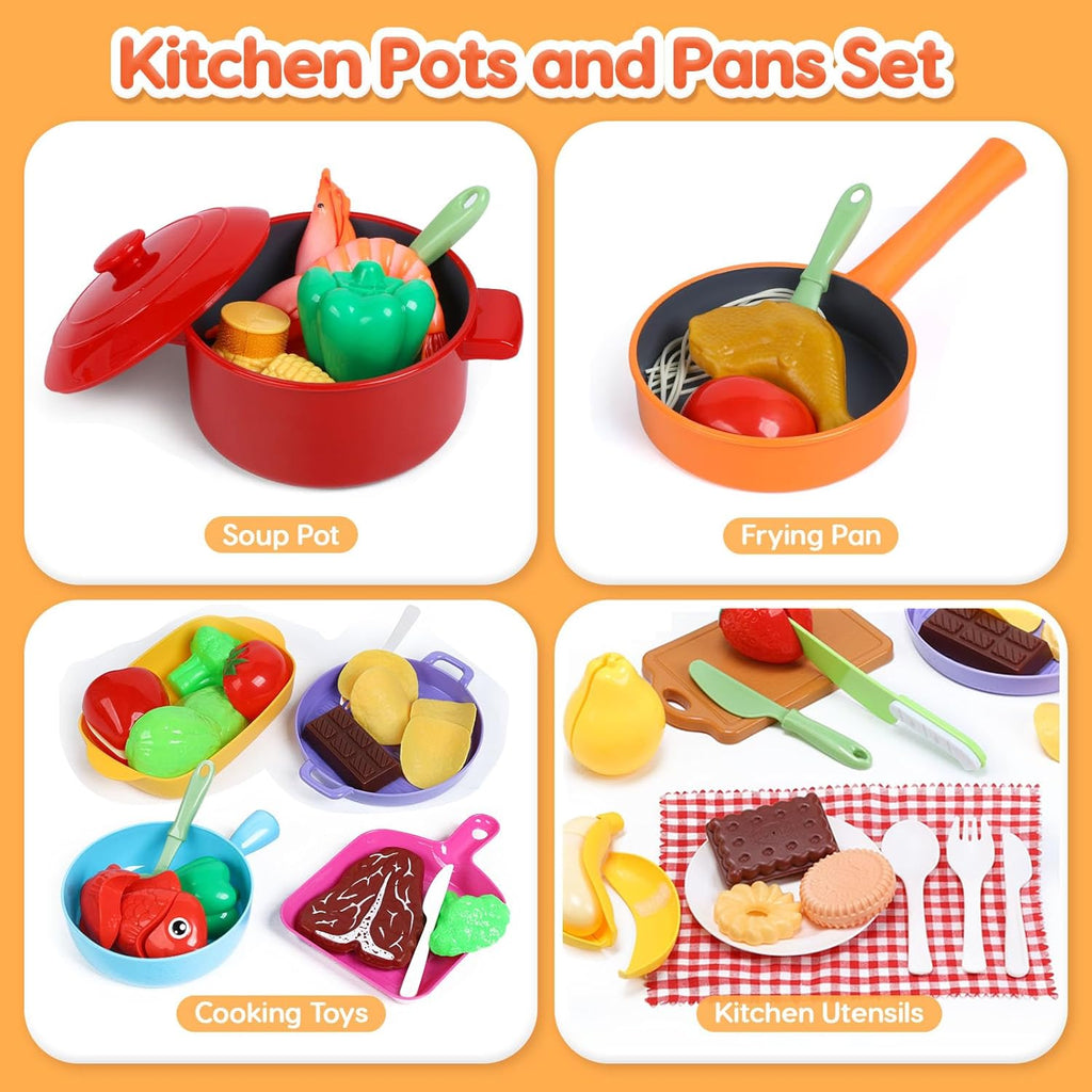 Play Sink with Running Water Electric Faucet Kitchen Sink Toys Pots and Pans Set with Play Food and Storage Basket Y40326