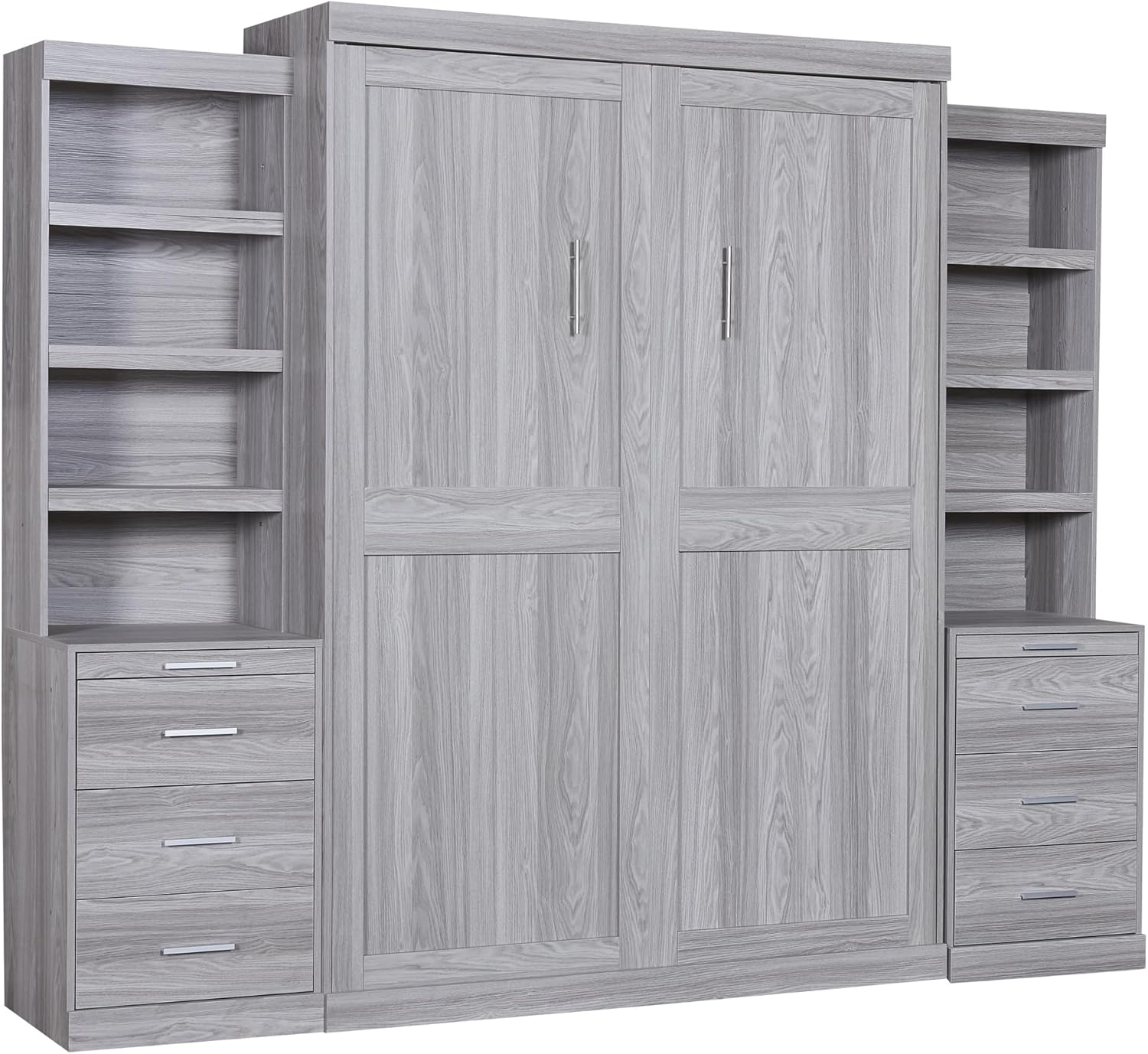 Gray Full Size Wood Murphy Bed with Storage Shelves and Drawers T84061
