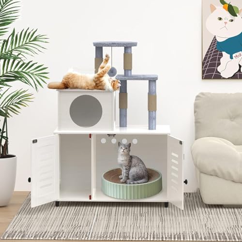 White All-in-one Cat Cabinet with Litter Box Enclosure, Scratching Post, Plush Perch and Divider M6423