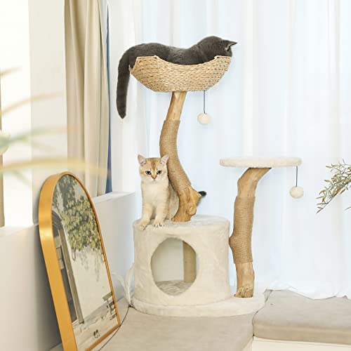 White Real Wood Cat Tree with Scratch Post C928925
