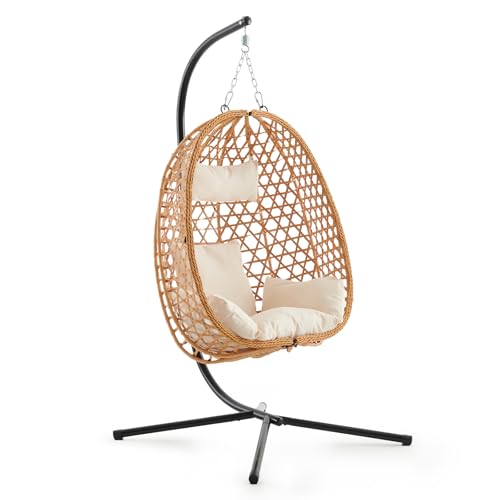 Brown Wicker Hanging Egg Chair with Stand and Cushion D745