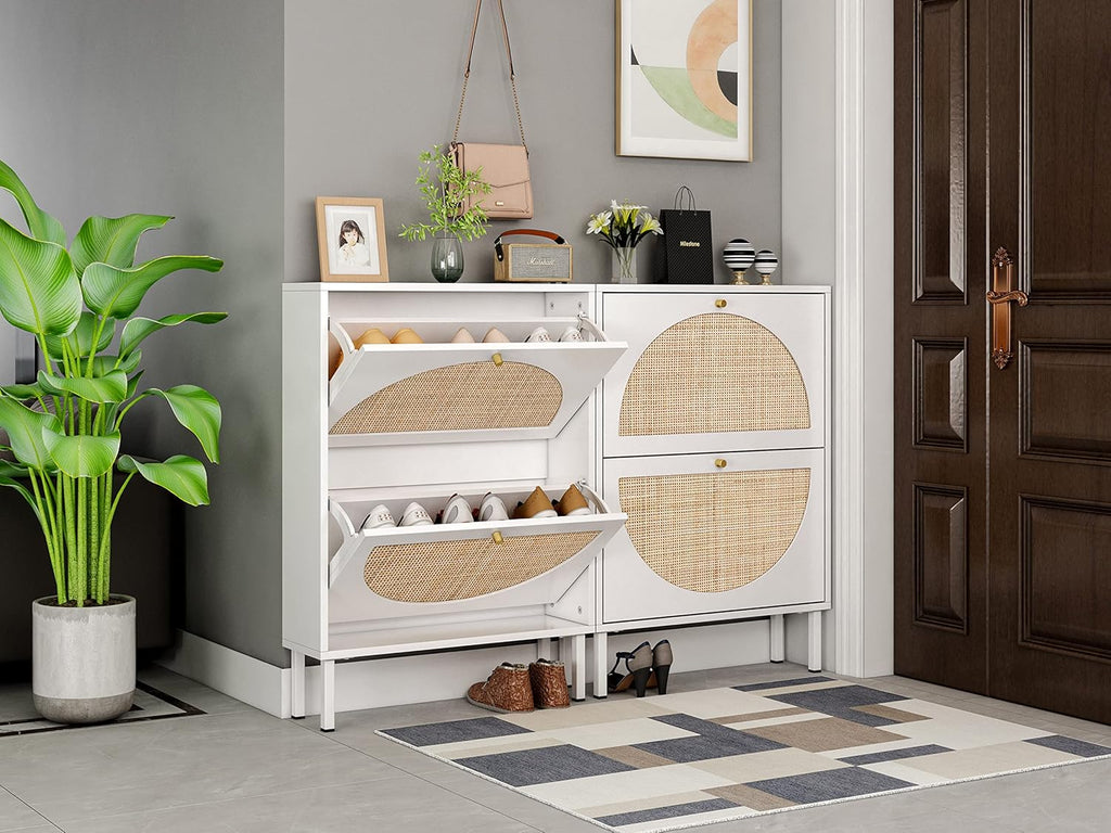 White 2-Drawer Shoe Cabinet with Rattan Doors F536212