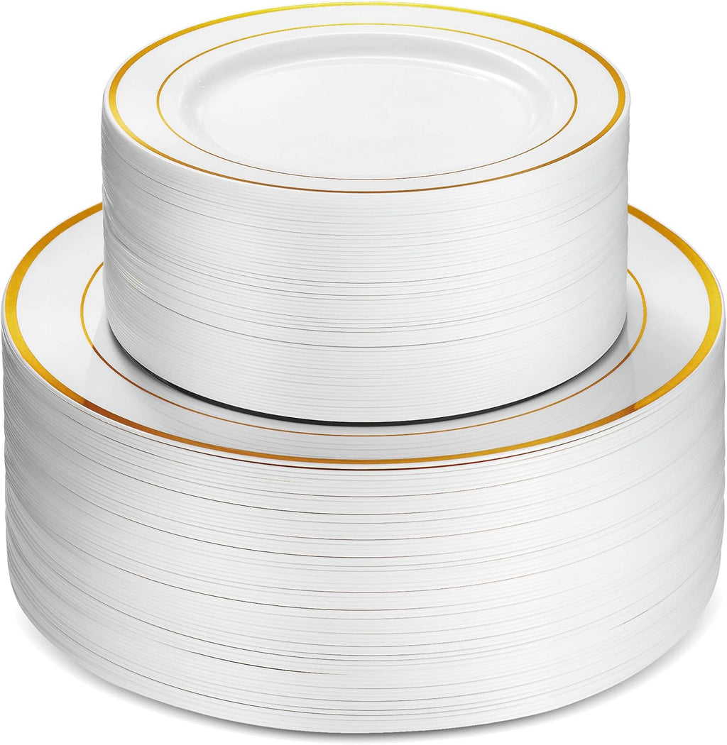 100 Piece White Gold Rim Plastic Party Plates J43175