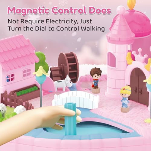 Castle Playset with 4 Magnetic Control Movable Toys, Magnetic Doll House Building Toys with Light & Music（Pink） I5163