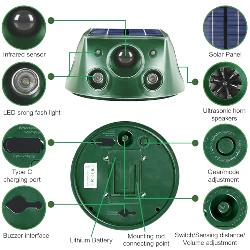 Solar Animal Repeller 360° Ultrasonic Outdoor with Motion Sensor & LED Flashing T441