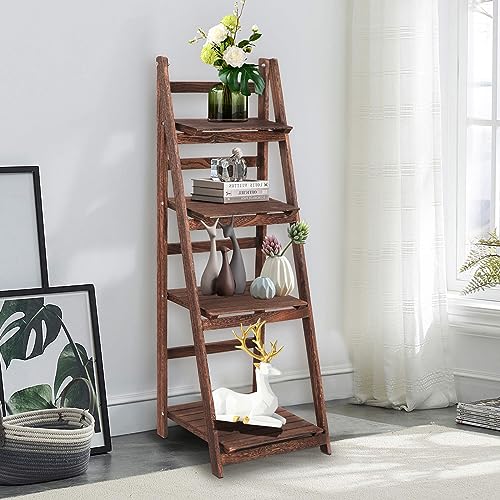 White Foldable Ladder Shelf Wood Plant Stand D35874