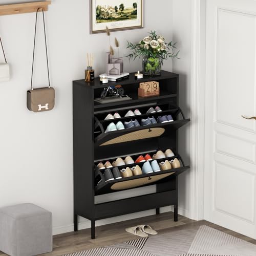 Black Rattan Shoe Cabinet with 2 Flip Drawers K5641