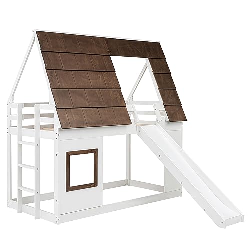 Twin-Over-Twin Wooden Bunk Bed with Storage, Gray+White P809609