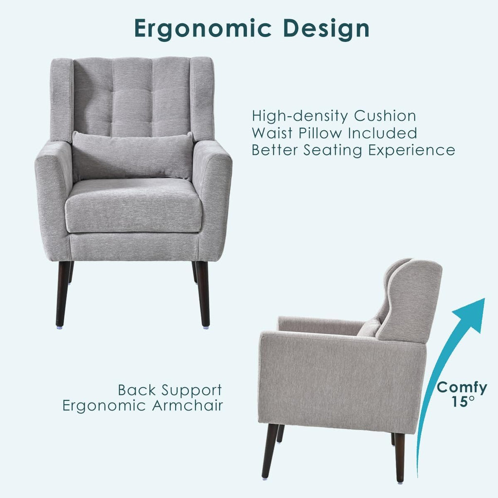 Chenille Upholstered Accent Chair with Pillow, Solid Wood Leg R35813