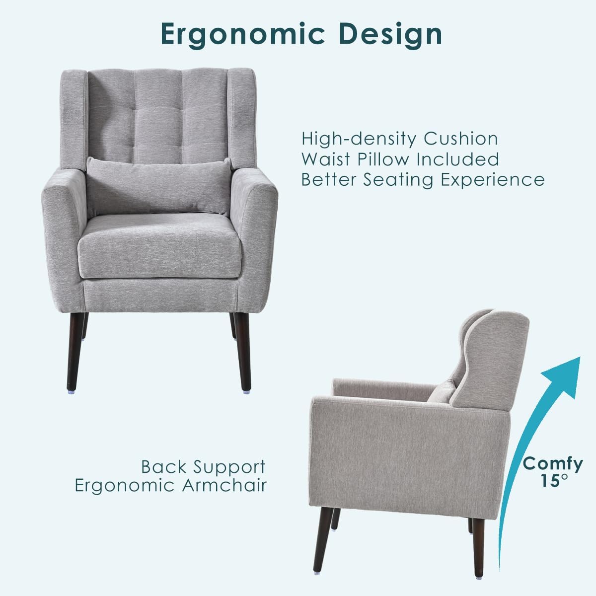 Chenille Upholstered Accent Chair with Pillow, Solid Wood Leg R35813