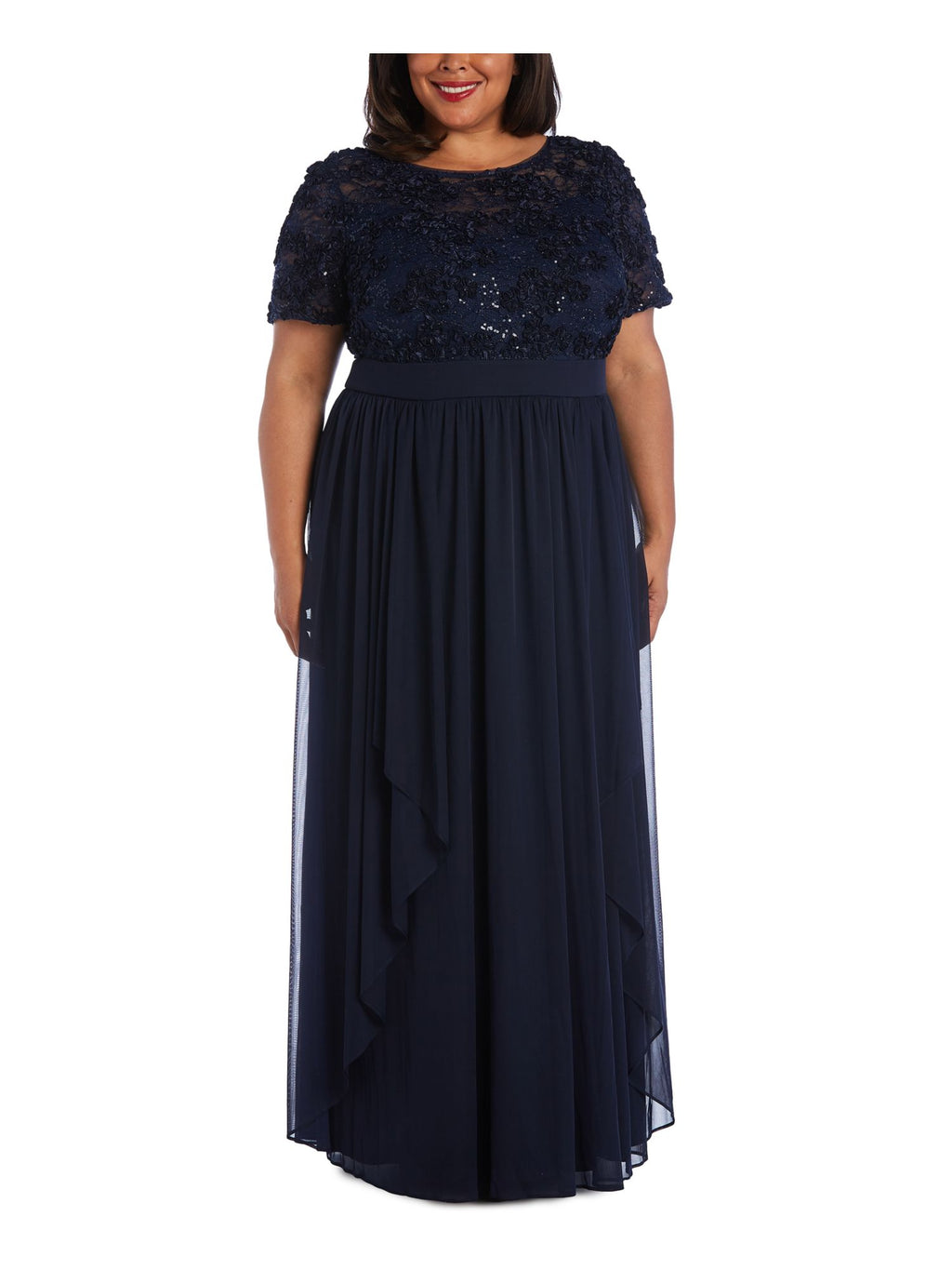 Navy Sequined Lace Short Sleeve Full-Length Evening Layered Dress Plus 20W F5686