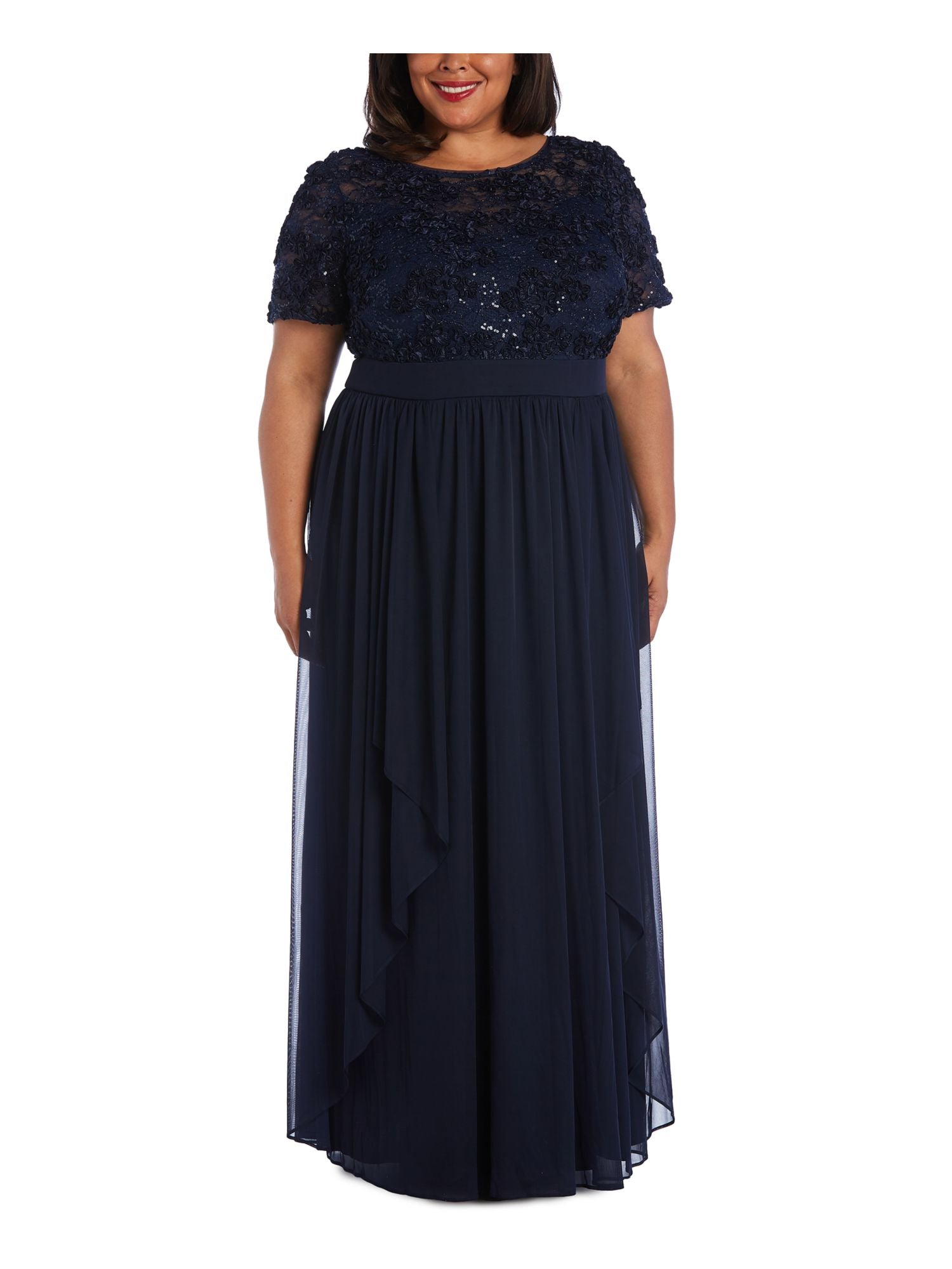 Navy Sequined Lace Short Sleeve Full-Length Evening Layered Dress Plus 20W F5686