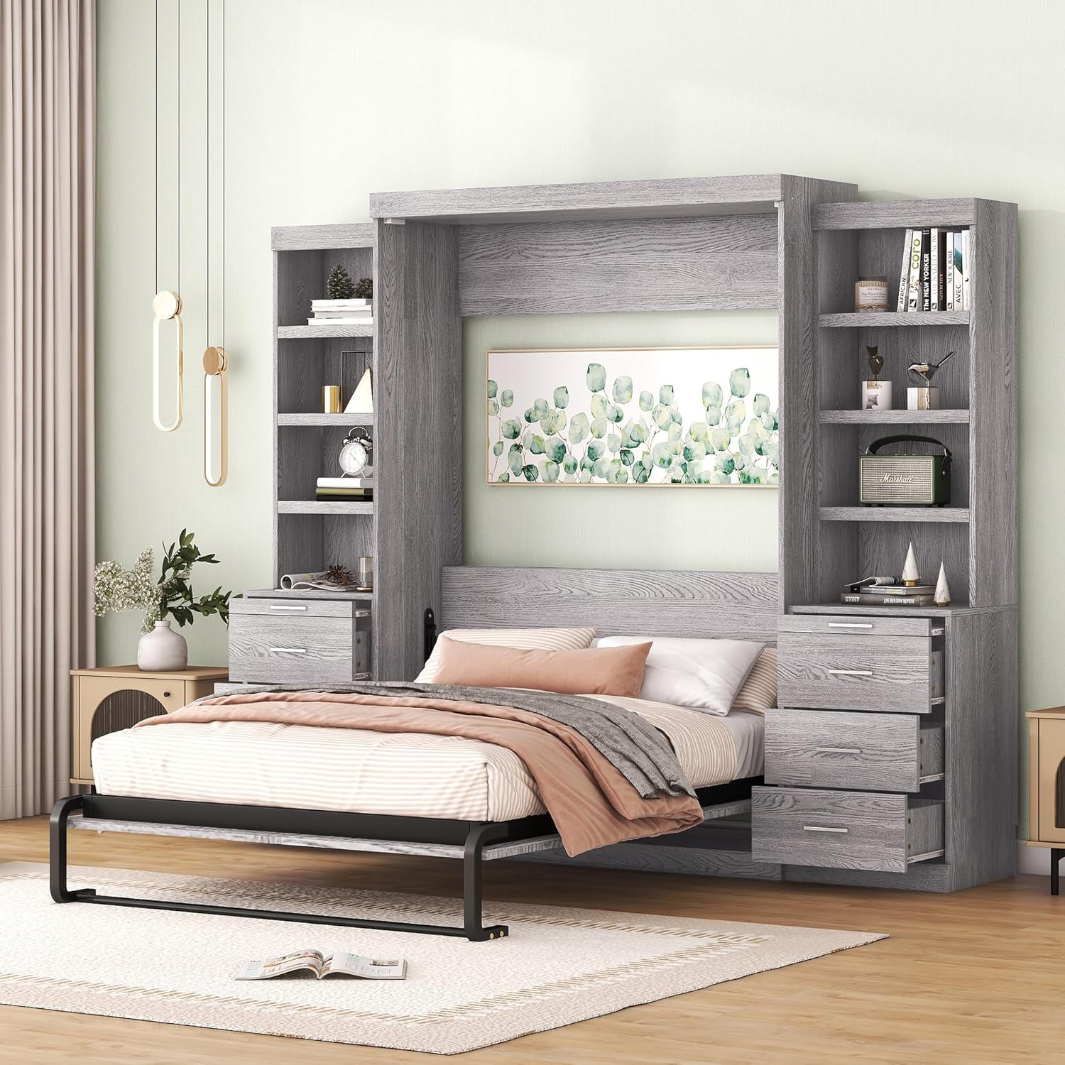 Gray Full Size Wood Murphy Bed with Storage Shelves and Drawers T84061