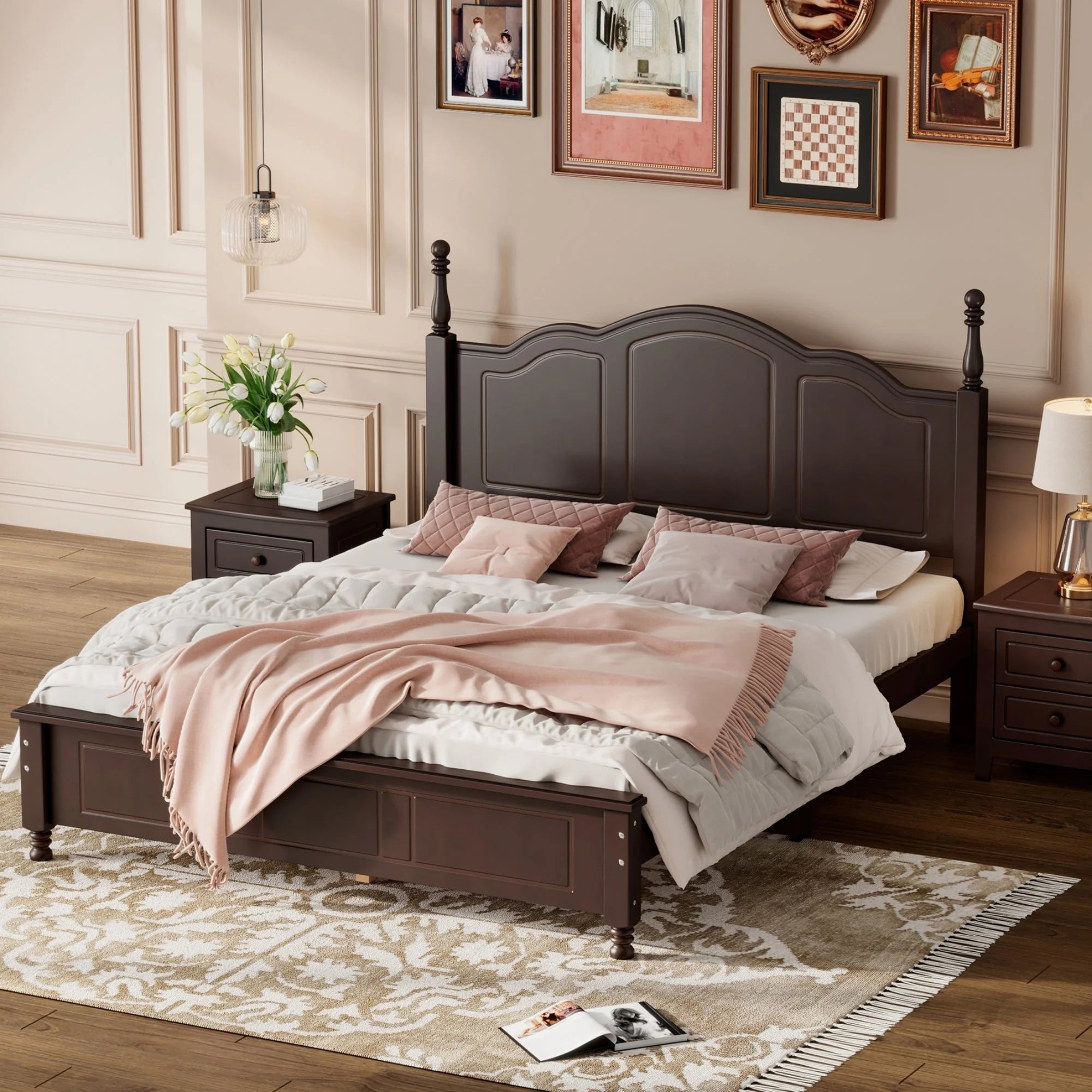 Dark Walnut Queen Size Wood Platform Bed Frame P858536