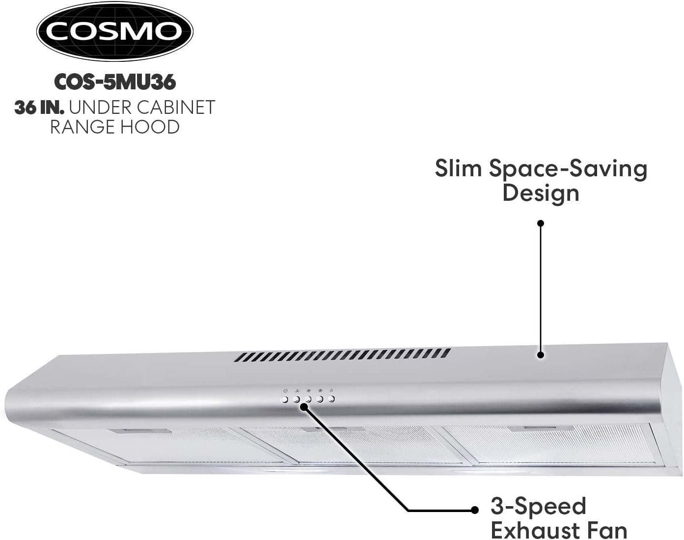 36 in. Under Cabinet Range Hood with 3 Speed Exhaust Fan, Reusable Filter and LED Lights in Stainless Steel X215828