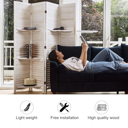 6 Panels Brown Folding Wood Room Divider with Shelves R7795