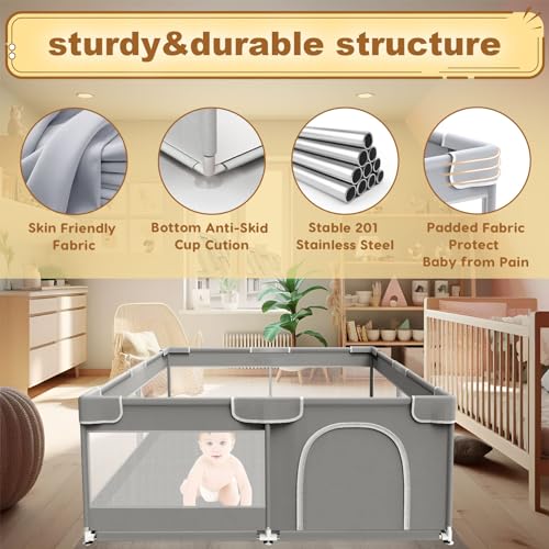 Grey 50 x 50 Inch Baby Playpen with Fabric and Mesh Z832884