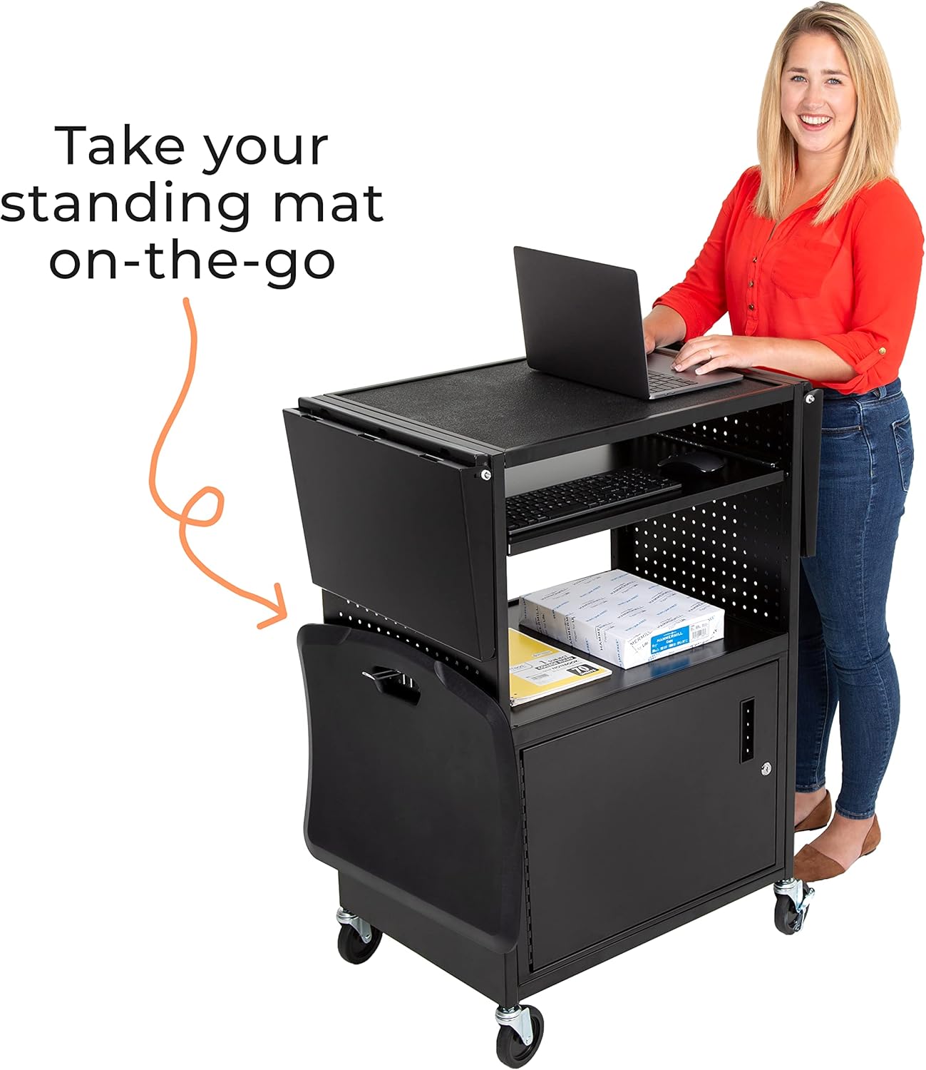 AV Cart with Pegboard Siding, 12 Hooks, Locking Cabinet, Pullout Keyboard Tray, Locking Wheels C50118