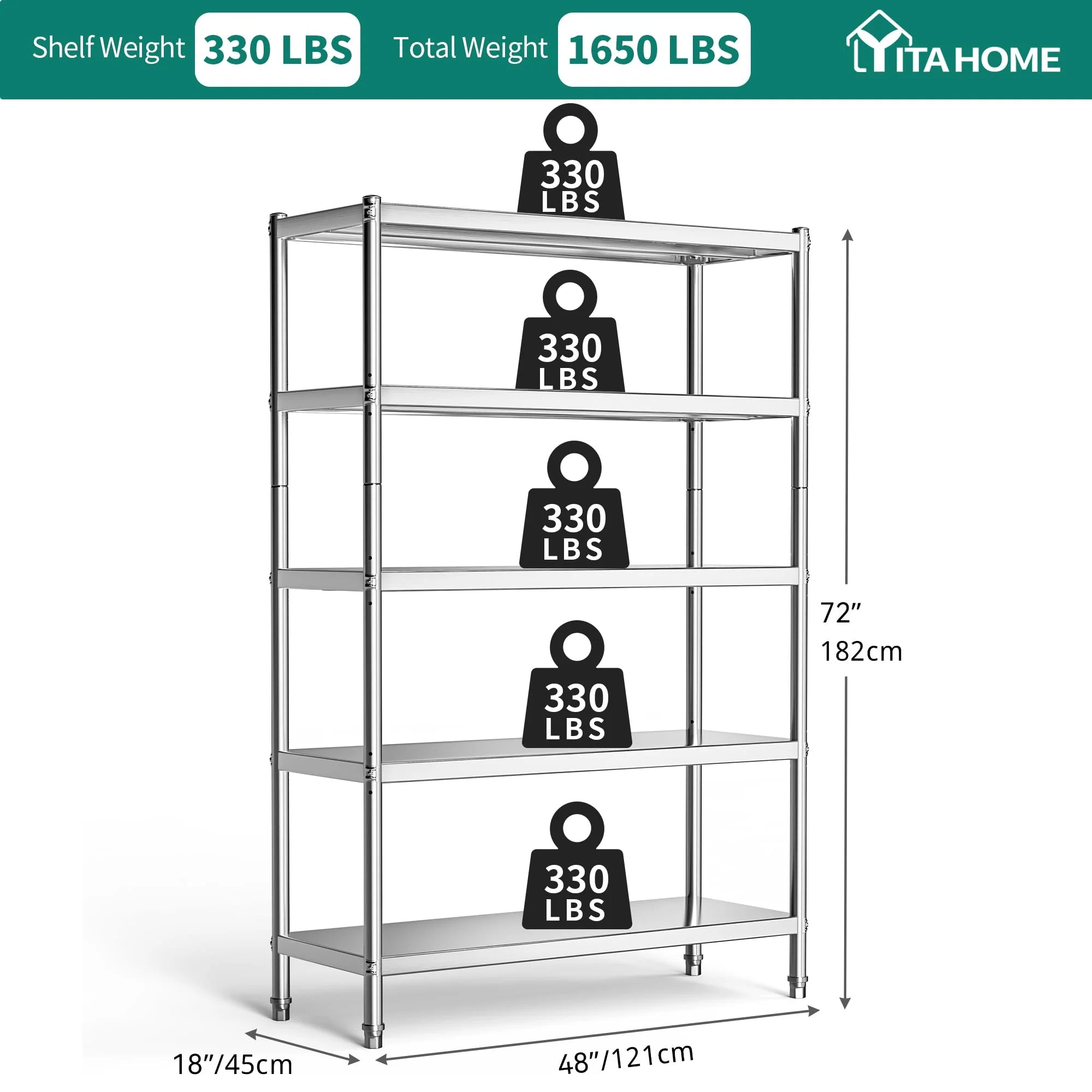 48"*18"*72" 5 Tier Stainless Steel Storage Shelf J518100