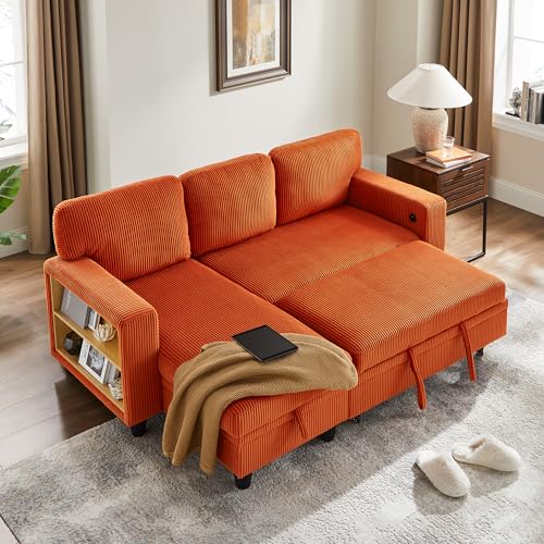 Beige L-Shaped Sleeper Sectional Couch with Storage Chaise J422