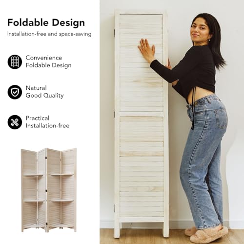 6 Panels Brown Folding Wood Room Divider with Shelves R7795