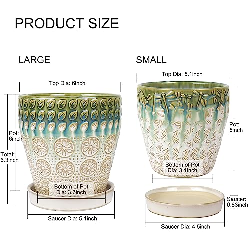 6 Inch Ceramic Planter with Drainage Hole and Saucer, Set of 2 T7052