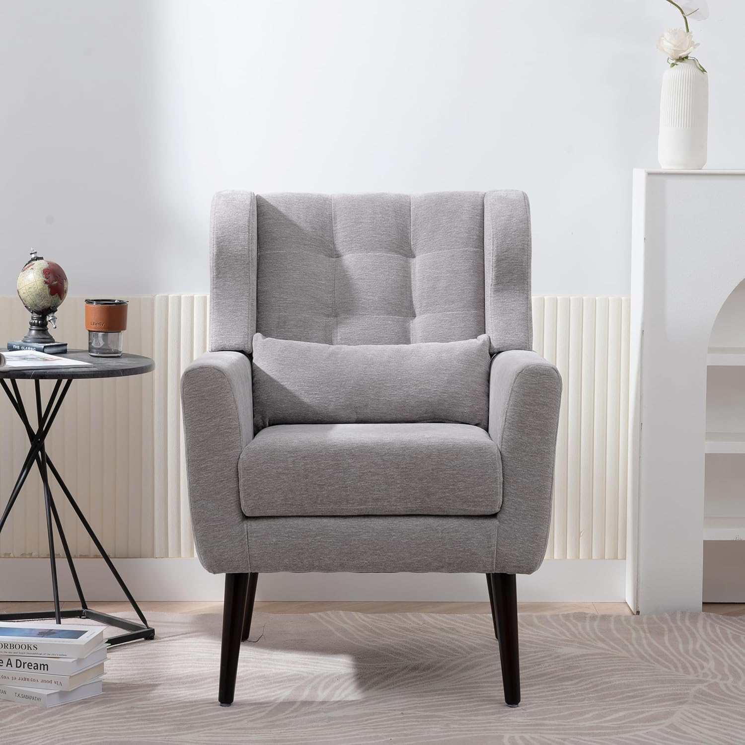 Chenille Upholstered Accent Chair with Pillow, Solid Wood Leg R35813
