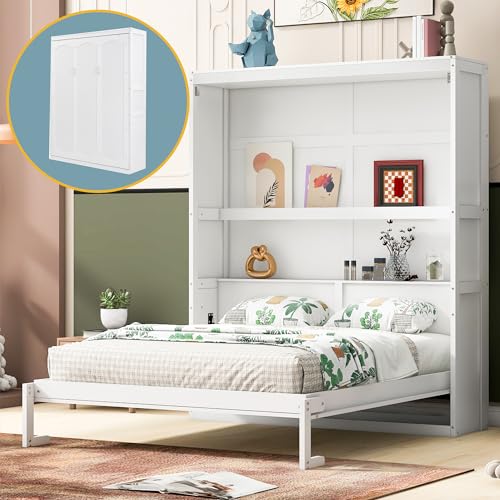 Queen Size Wood Murphy Bed with Shelves, Grey G354181