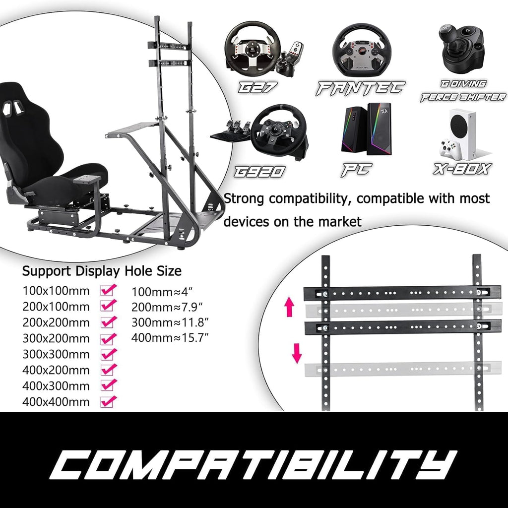 Black Seat TV VR Sim Racing Simulator Cockpit with Monitor Stand G9135