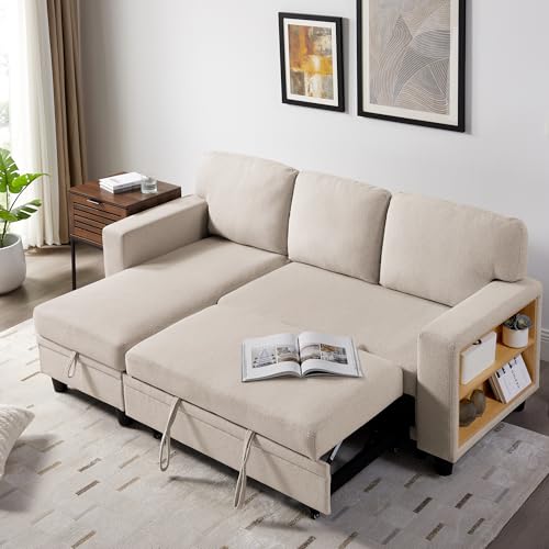Beige L-Shaped Sleeper Sectional Couch with Storage Chaise J422