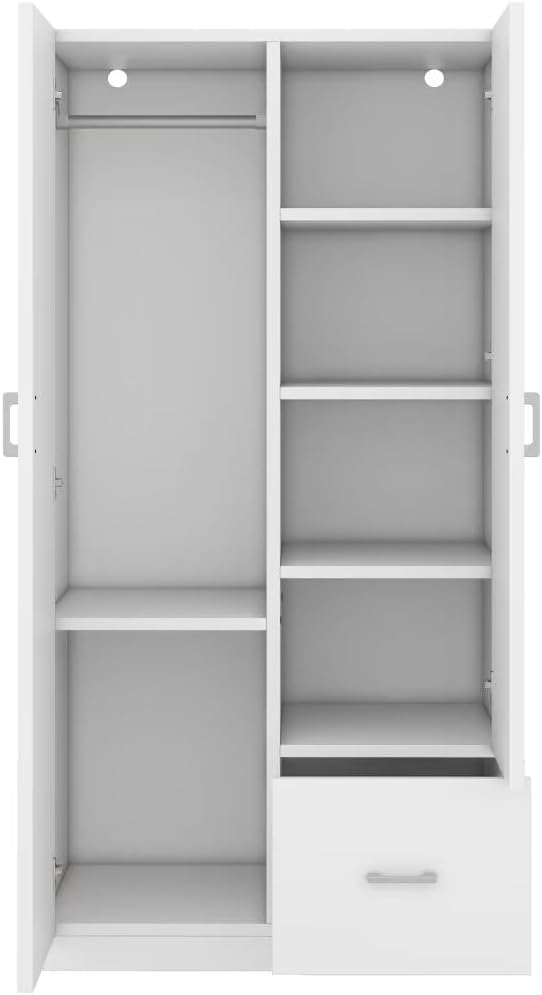 White 2 Door Wood Wardrobe with 5 Fixed Shelves and Hanging Rod J302