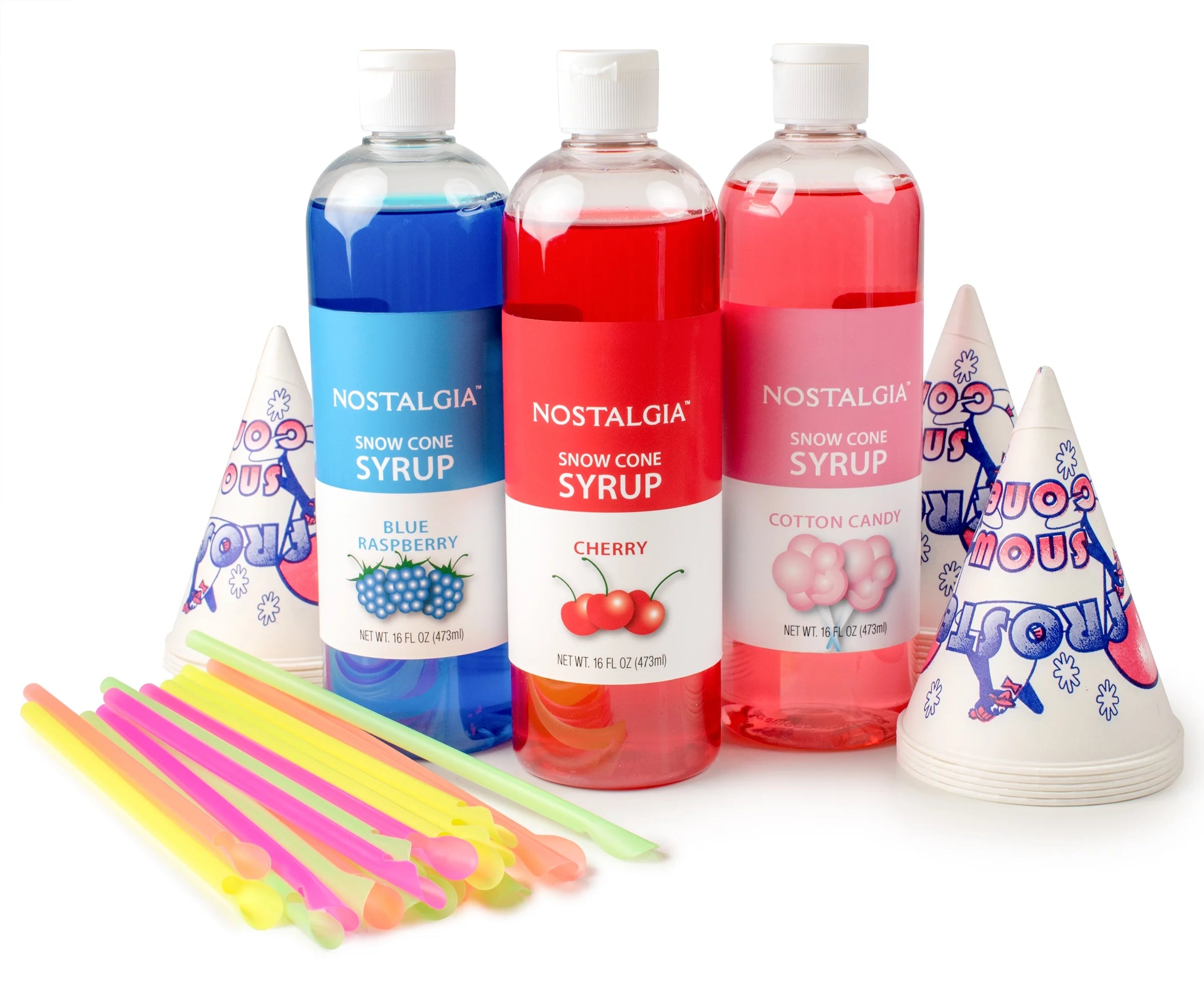 3 16-Ounce Snow Cone Syrups with 20 Spoon Straws Q99989
