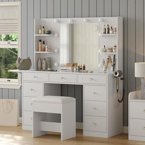 White Vanity Desk with Mirror and 10 LED Lights, 4 Shelves D428034