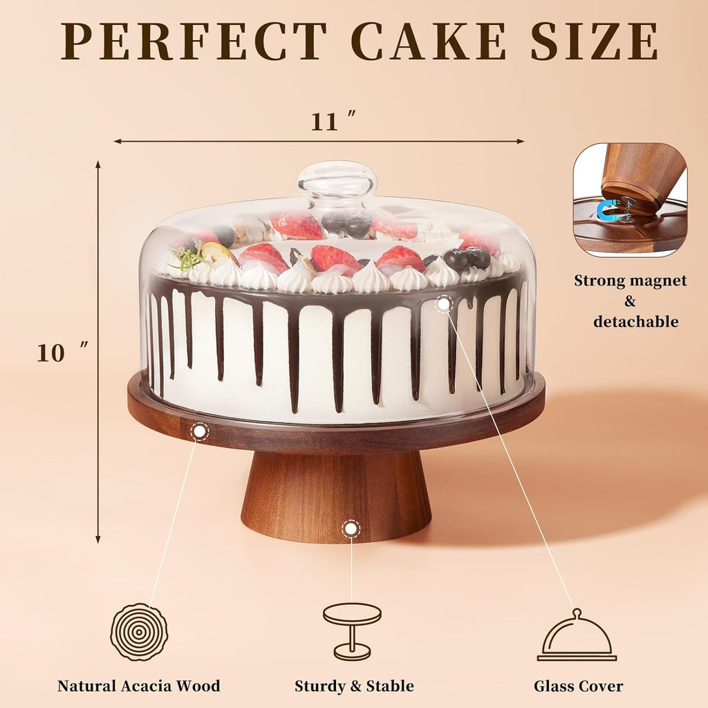 Wood Glass Cake Stand with Dome 11IN L1586