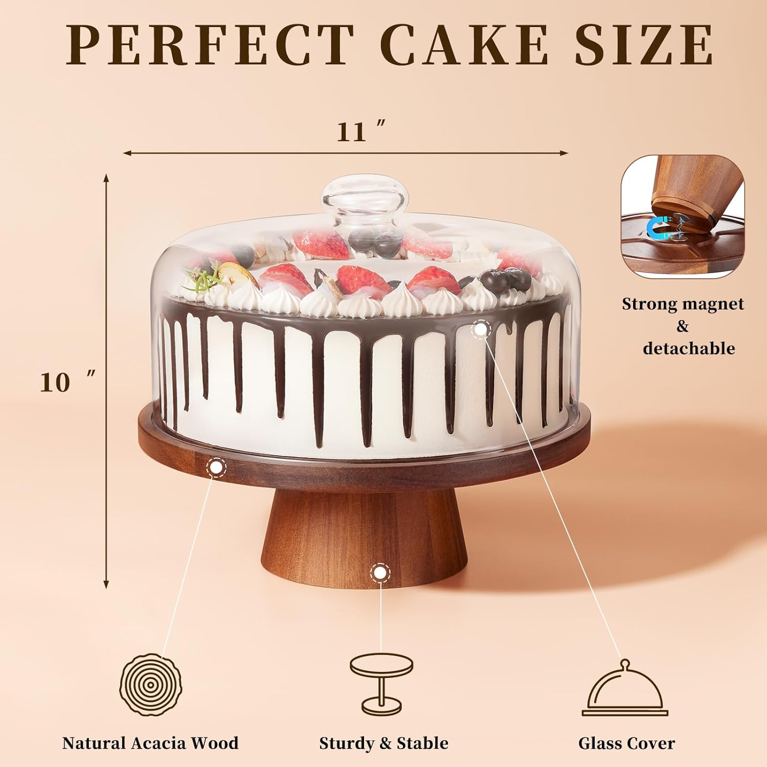 Wood Glass Cake Stand with Dome 11IN L1586
