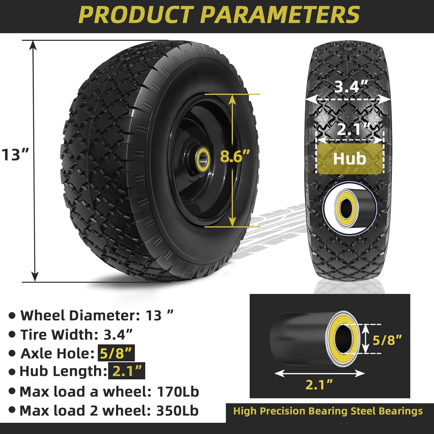 13” Replacement Solid Tire and Wheel Assemblies with 5/8” Axle Bore Hole, 2 Packs L720