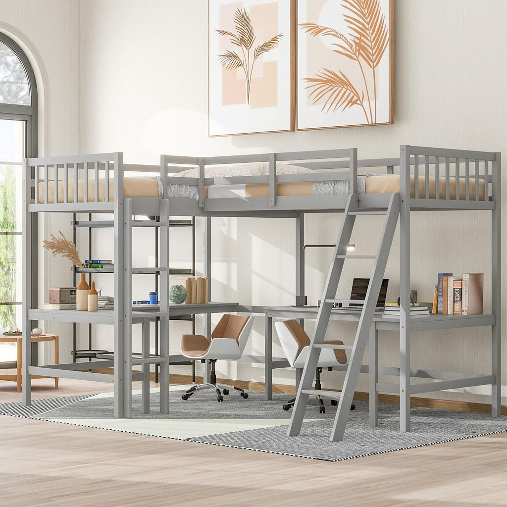 Gray Twin Size L-Shaped Loft Bed with Ladder and 2 Built-in Desks B656